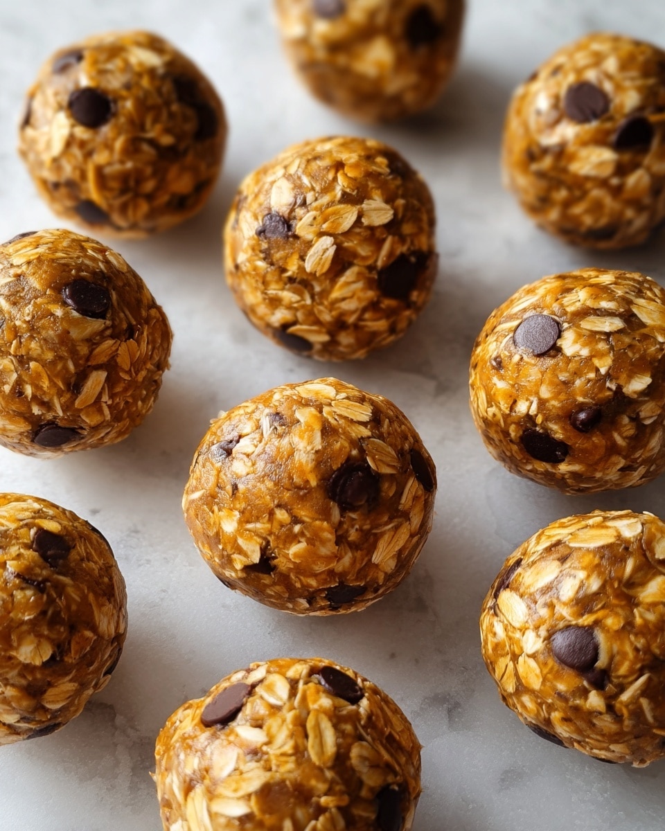 The image shows a group of round energy balls placed closely together on a white marbled textured surface. Each ball is golden brown with visible oat flakes covering the outer layer, giving a rough and textured look. Scattered throughout the oats are small dark chocolate chips, adding a glossy contrast to the matte oats. The balls appear uniform in size and shape, with the light reflecting softly on their slightly sticky surface. photo taken with an iphone --ar 4:5 --v 7