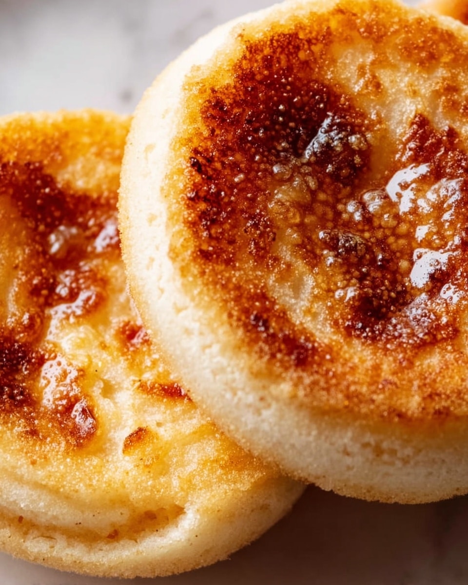 The image shows a close-up of a toasted English muffin half with a golden brown, slightly crispy surface topped with a light layer of melted butter, visible in the small shiny patches. The muffin’s inside texture looks soft and porous with a few airy holes, while the toasted top has an even distribution of caramelized spots giving it a warm, appetizing look. The background is a white marbled surface. photo taken with an iphone --ar 4:5 --v 7