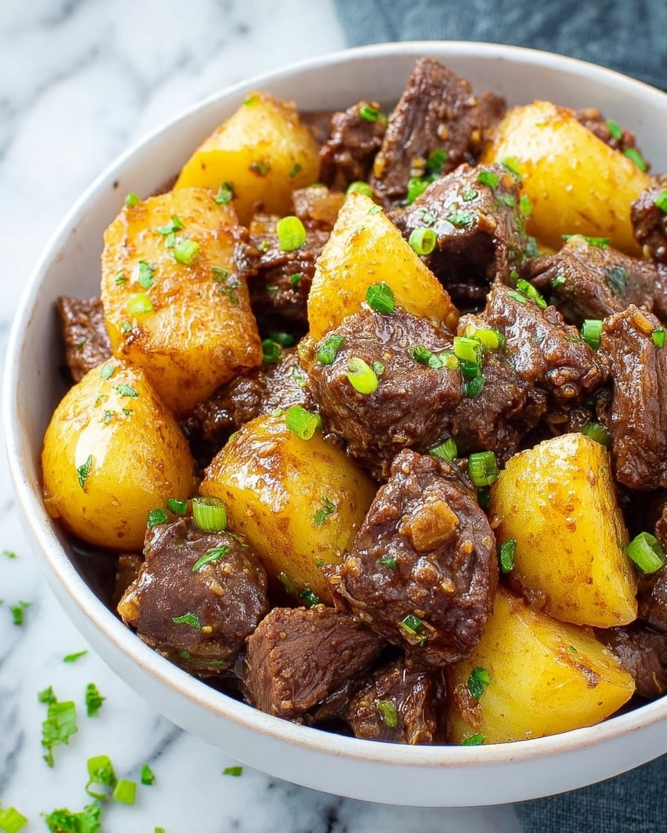 A close-up of a dish in a white bowl showing chunks of dark brown, tender beef mixed with golden yellow potato pieces, all coated in a glossy, rich sauce. The beef and potatoes look soft and juicy with some green herbs sprinkled on top, adding a fresh touch of bright color. The bowl sits on a white marbled surface, enhancing the warm tones of the food. The textures of the beef appear slightly crispy on the edges, while the potatoes have a smooth, cooked texture. photo taken with an iphone --ar 4:5 --v 7