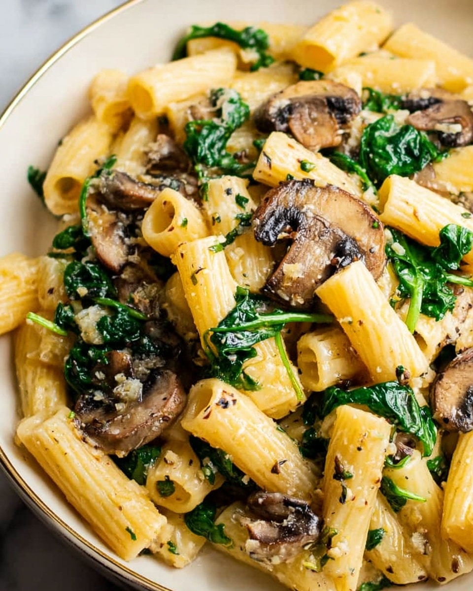 The dish shows a close-up of rigatoni pasta that is light yellow and coated with a creamy sauce. Mixed throughout are dark green spinach leaves that look soft and wilted. There are also thin slices of brown mushrooms scattered on top and between the pasta pieces. The pasta sits in a white bowl, with the white marbled surface beneath barely visible. The overall look is creamy and textured with soft pasta, leafy greens, and mushrooms. photo taken with an iphone --ar 4:5 --v 7