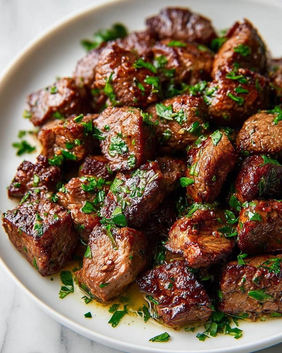 A white plate filled with many small, thick cubes of cooked beef that have a dark brown, slightly crispy outside and a tender, juicy inside. The beef cubes are covered with bright green chopped herbs, giving a fresh contrast on top and around. There is a small amount of oil or sauce coating the beef pieces, making them look glossy and moist. The plate sits on a white marbled surface, enhancing the rich colors of the beef and herbs. photo taken with an iphone --ar 4:5 --v 7
