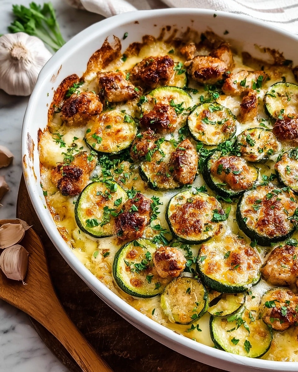 A white large oval dish filled with baked chicken and zucchini slices on top, showing two main layers: the bottom layer is golden melted cheese with a slightly crispy texture, and scattered chicken pieces that are browned with a crispy surface placed on top. Over this, thick zucchini slices with green edges and soft pale green insides are arranged evenly across the dish. Fresh green parsley bits are sprinkled generously over the top, adding bright color contrast. The dish rests on a white marbled surface with some garlic and a wooden spoon partially visible nearby. photo taken with an iphone --ar 4:5 --v 7