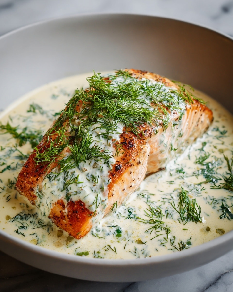 A single piece of cooked salmon fillet with a golden-brown, slightly crispy surface sits in the center of a white bowl. The salmon is covered mostly on top with a creamy white sauce flecked with green herbs, and more of this sauce pools around the fish at the bottom of the bowl. Fresh green dill sprigs are sprinkled generously over the sauce on top of the salmon, adding a fresh touch. The background is a white marbled texture, enhancing the clean and fresh look of the dish. photo taken with an iphone --ar 4:5 --v 7