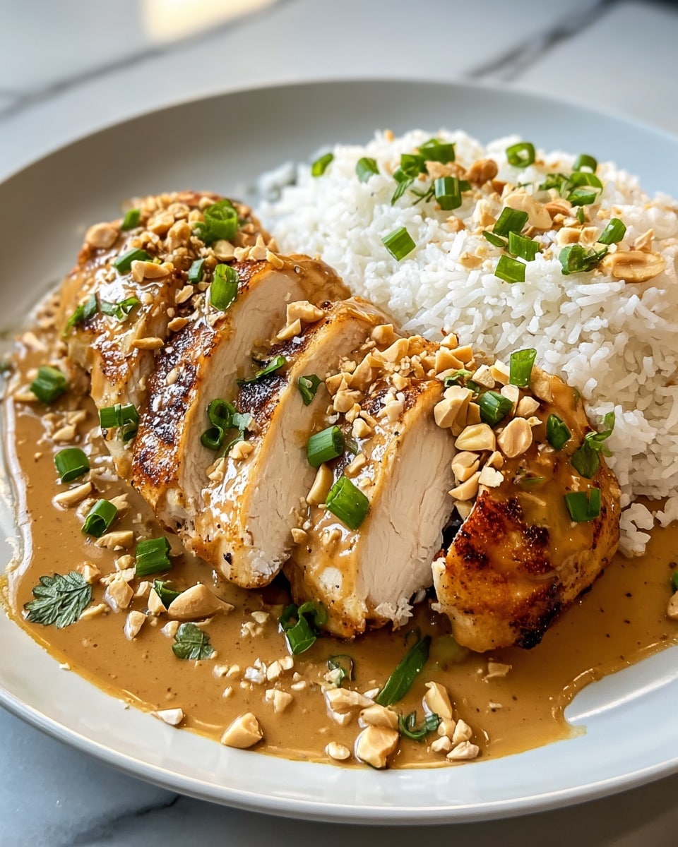 The image shows a white plate with a small pile of white rice garnished with green cilantro leaves on the right side. On the left side, there are several thick slices of golden-brown cooked chicken arranged in a row. The chicken is covered with a smooth, creamy brown sauce that pools around the base. Scattered on top of the sauce and chicken are chopped green onions and coarse pieces of light brown peanuts, adding texture and color contrast. The plate sits on a white marbled surface with a blurred kitchen background. Photo taken with an iphone --ar 4:5 --v 7