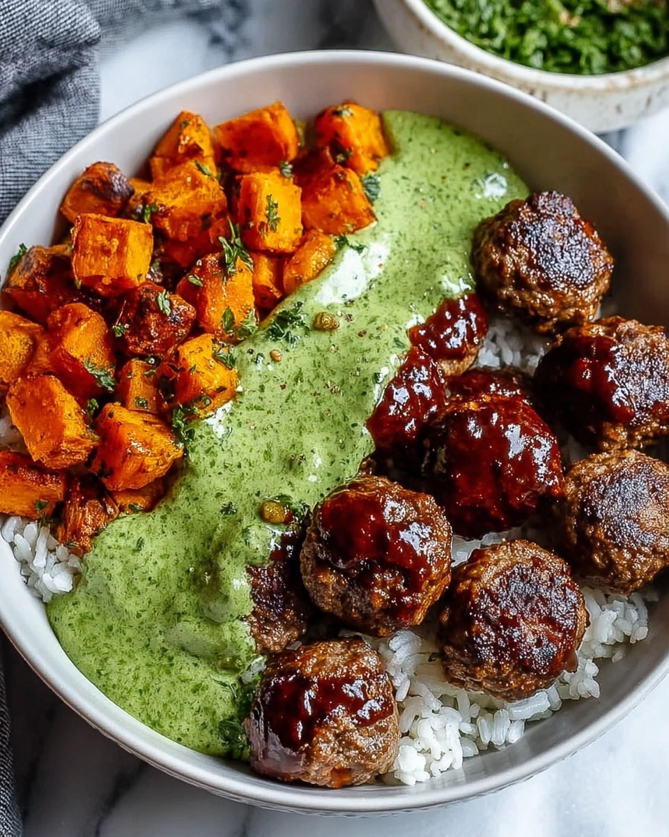 A white bowl filled with a base layer of small, light green grains that look like cauliflower rice. On top, there are bright orange roasted sweet potato cubes piled on one side. Next to the sweet potatoes are six dark brown, grilled meatballs, some coated with a shiny reddish-brown sauce and others plain. A creamy, pale green sauce with a slightly thick texture is spread next to the meatballs and sweet potatoes. The bowl sits on a white marbled surface with a grey cloth under it and out-of-focus green herbs in the background. Photo taken with an iphone --ar 4:5 --v 7