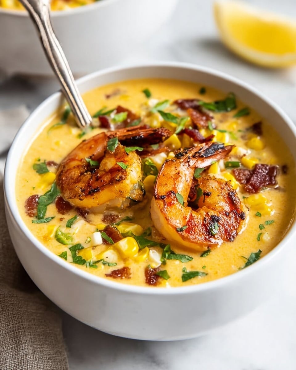 A white bowl filled with creamy yellow soup with visible small corn kernels and chopped green herbs mixed throughout, topped with two large grilled shrimp that have a reddish-brown char on their surfaces, scattered crispy bacon pieces, and a few green onion slices, all sitting on a white marbled surface with a silver spoon resting inside the bowl; a yellow lemon wedge is partially visible in the background. photo taken with an iphone --ar 4:5 --v 7