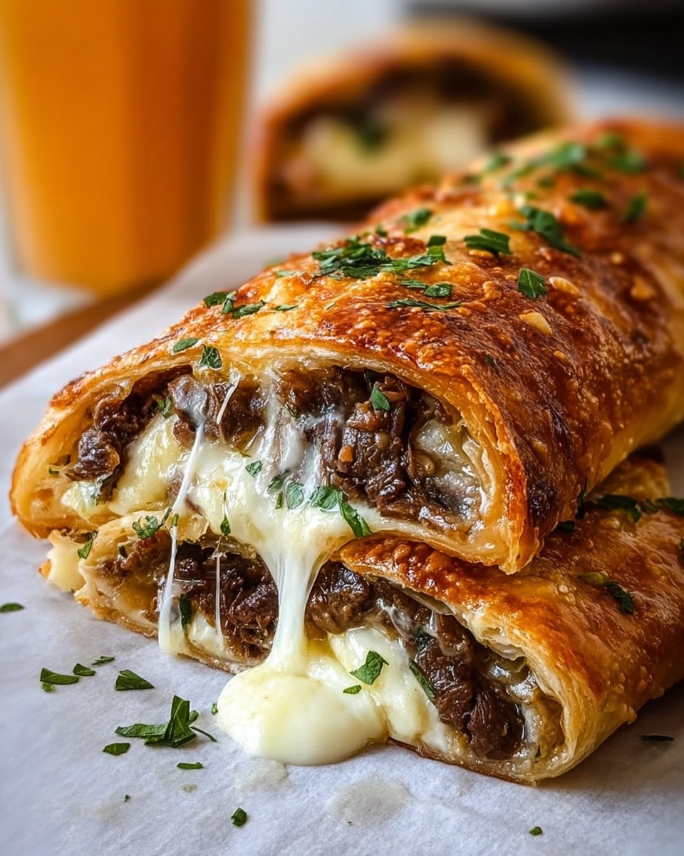 A close-up view of a sliced pastry roll showing multiple golden-brown, flaky layers on the outside, topped with small bits of green herbs. Inside, there are two main layers: a bottom layer of dark brown cooked meat pieces mixed closely together, and a thick layer of melted white cheese that stretches slightly as the roll is cut. The pastry sits on a light sheet, all placed on a white marbled surface. In the background, there is a blurred drink container. photo taken with an iphone --ar 4:5 --v 7