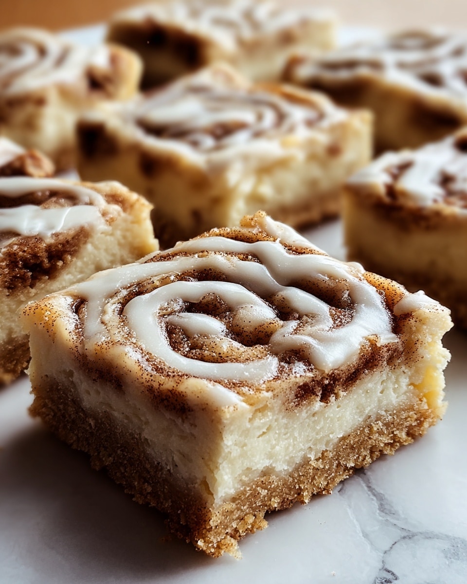 The image shows a piece of cinnamon square pastry with three visible layers: a light brown crumbly base, a creamy white middle layer, and a top layer featuring light brown cinnamon swirls with a glossy white glaze drizzled over them. The pastry sits on a white marbled surface, with other similar pastries blurred in the background. The texture looks soft and moist with specks of cinnamon spread throughout the swirls. photo taken with an iphone --ar 4:5 --v 7