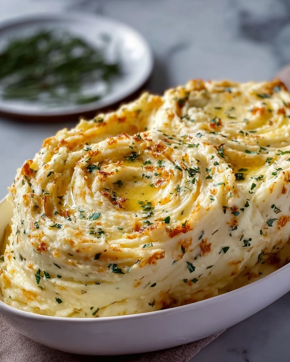 A large, creamy mashed potato mound is twisted into thick, spiral layers inside a white oval dish. The mashed potatoes show a rich, buttery texture with golden brown spots from browning and are sprinkled with small green herbs throughout and on top. Each thick layer curves softly, creating a swirled and toasted appearance, with a melted butter pool resting in the shallow grooves at the top. The background features a white marbled texture under the dish, adding a clean, elegant touch next to the deep wood-toned surface and out-of-focus plate with rosemary in the back. Photo taken with an iphone --ar 4:5 --v 7