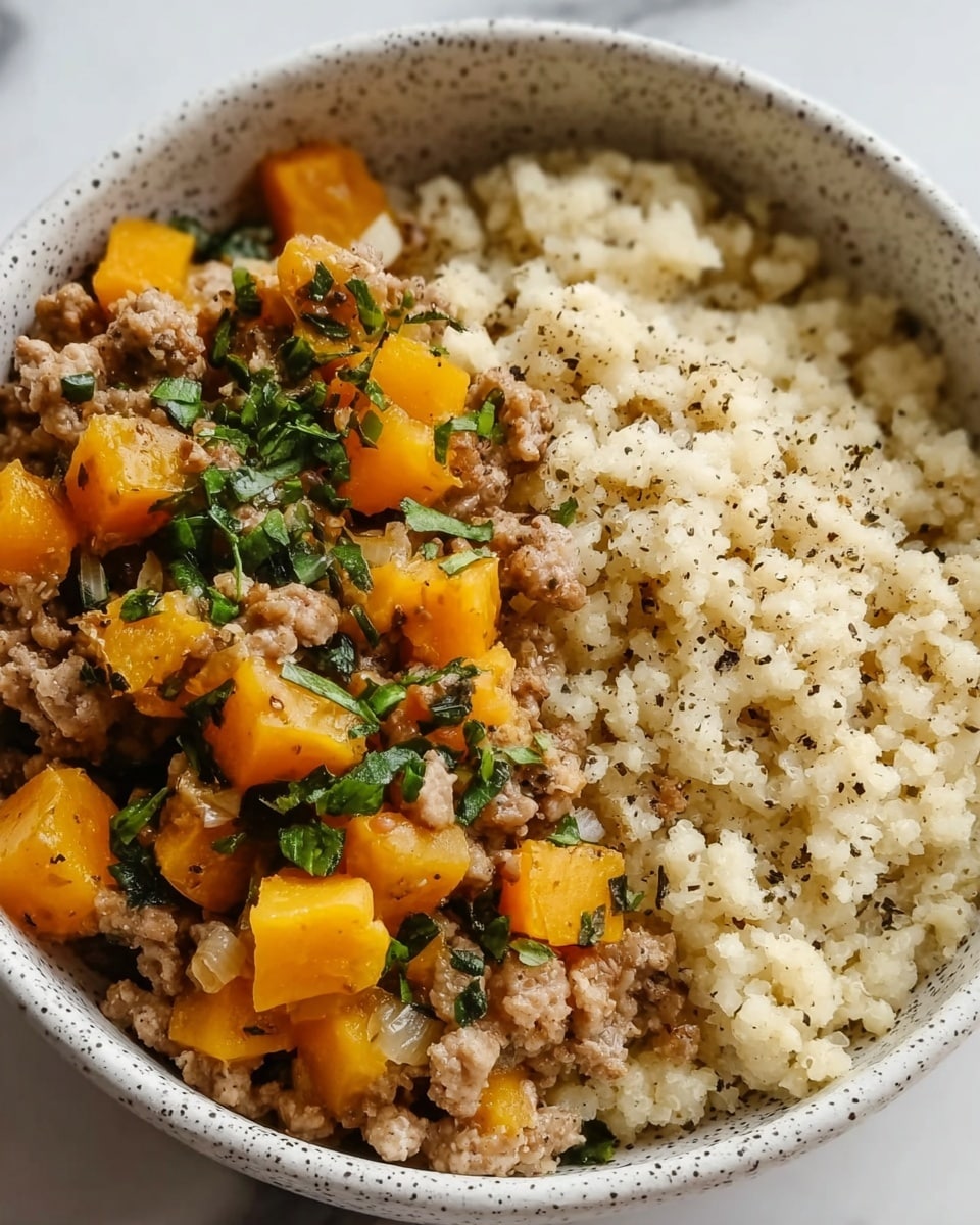 A white bowl filled with two main sections: on one side, small, soft, white pearl-like grains with a slightly glossy texture, likely cooked couscous or similar; on the other side, a mix of ground meat cooked with small golden-orange cubes of roasted butternut squash and translucent sautéed onion pieces, all topped with chopped dark green leafy herbs. The contrast between the pale grains and the colorful meat mix creates a balanced and fresh presentation. The bowl is placed on a white marbled surface. photo taken with an iphone --ar 4:5 --v 7