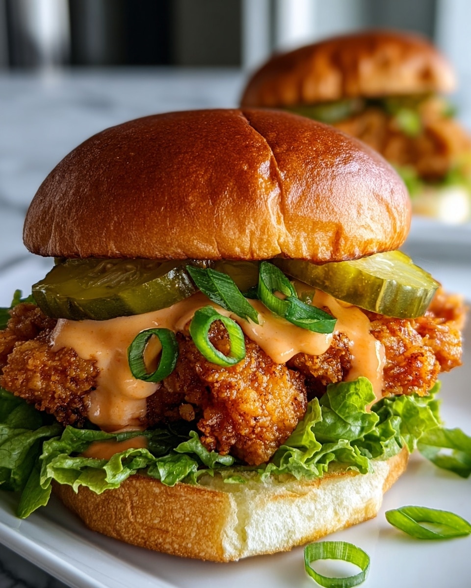 A close-up view of a fried chicken sandwich on a glossy golden brown bun, showing three layers: the bottom layer with bright green curly lettuce on a soft white bun base, the middle layer with two thick, crispy, golden-brown fried chicken pieces coated in crunchy breading, topped with creamy orange sauce that slightly drips down, two large, round light green pickle slices, and thin dark green scallion slices, all topped with the shiny golden brown bun top. The sandwich is placed on a white plate against a white marbled surface background, with another blurred sandwich in the back. Photo taken with an iphone --ar 4:5 --v 7