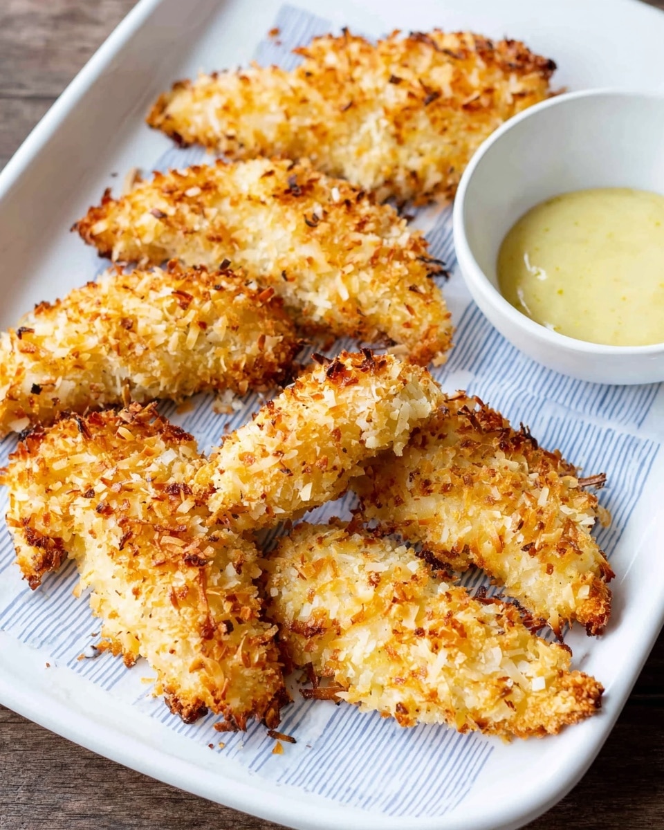 The image shows several pieces of golden-brown coconut-crusted chicken tenders arranged on a white plate with blue stripes. Each tender has a rough, crunchy texture with toasted coconut flakes giving a mix of light beige, white, and darker golden patches on the surface. On the right side of the plate is a white bowl filled with a light creamy yellow dipping sauce, smooth in texture. Part of another white plate with fries and sauce can be seen on the edges, all set on a white marbled surface. photo taken with an iphone --ar 4:5 --v 7