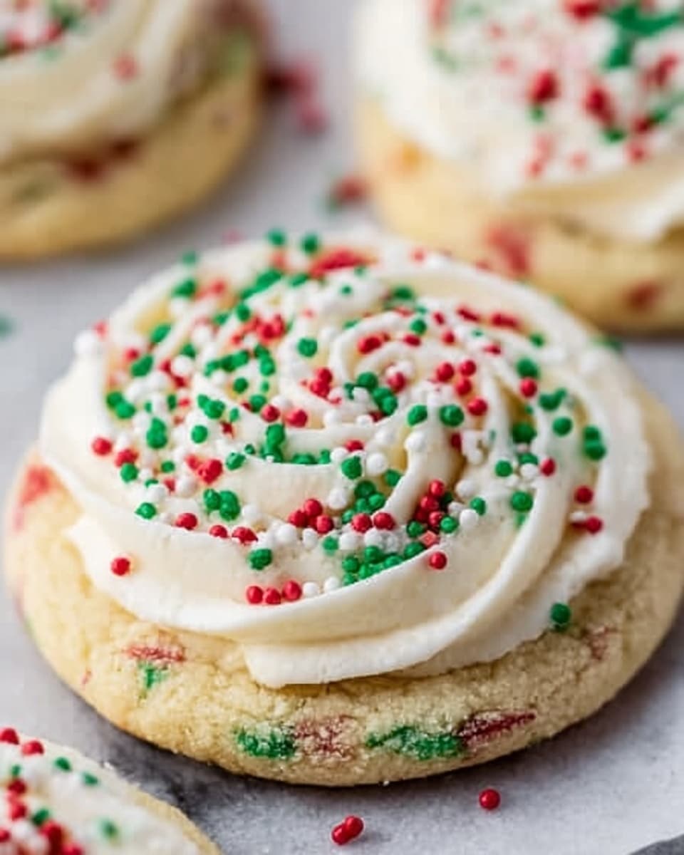 A close-up view of a round, soft sugar cookie with visible red and green specks inside, topped with a thick swirl of smooth, creamy white frosting. The frosting is decorated with scattered red, green, and white sprinkles evenly spread on top. The cookie rests on a white marbled surface, and parts of similar cookies are visible blurred in the background. The texture of the cookie looks slightly crumbly while the frosting appears light and airy. photo taken with an iphone --ar 4:5 --v 7