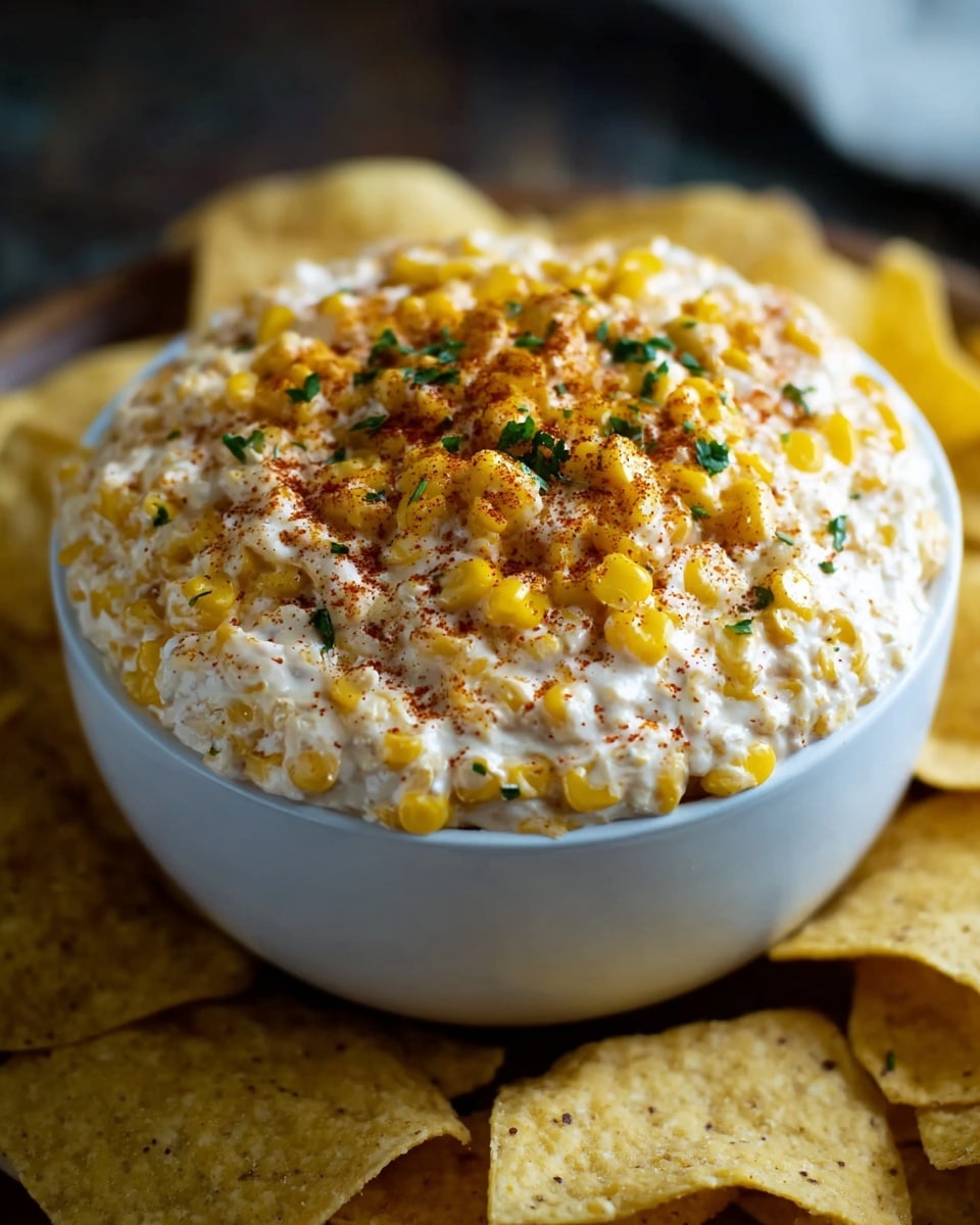 A close-up of a white round bowl filled with creamy corn dip showing visible whole yellow corn kernels mixed with a light cream base. The dip is topped with sprinkled red chili powder and chopped green herbs evenly spread across the top. The bowl sits on a white marbled surface surrounded by scattered triangular pale yellow tortilla chips. Photo taken with an iphone --ar 4:5 --v 7