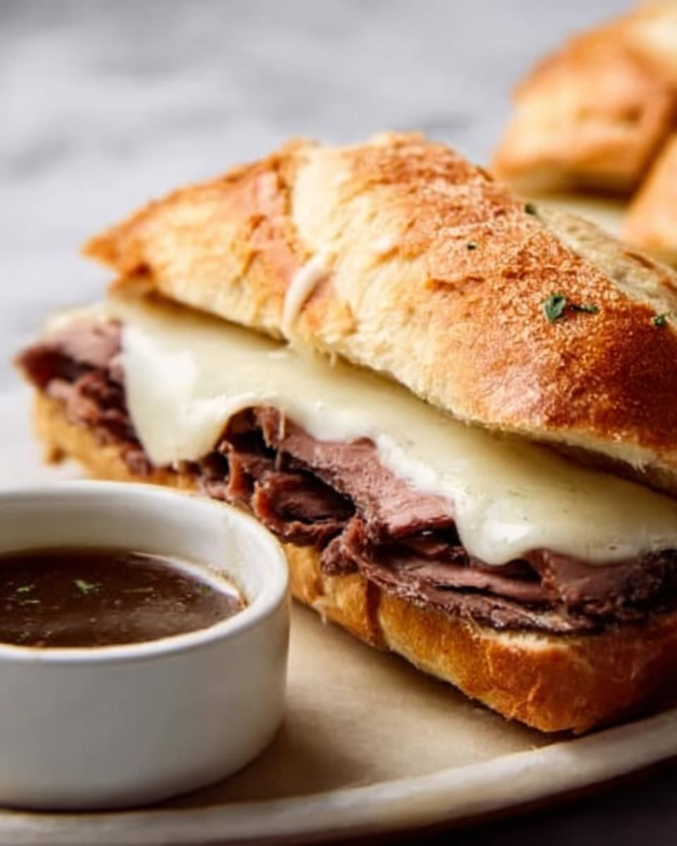 A sandwich with a crusty golden-brown bread cut in half, filled with several thick layers of thinly sliced dark roast beef that looks juicy and tender, topped with slightly melted white cheese covering the meat. The sandwich sits on a simple white plate with a small white bowl of dark brown dipping sauce beside it. The background is a white marbled texture, making the sandwich look warm and inviting. Photo taken with an iphone --ar 4:5 --v 7