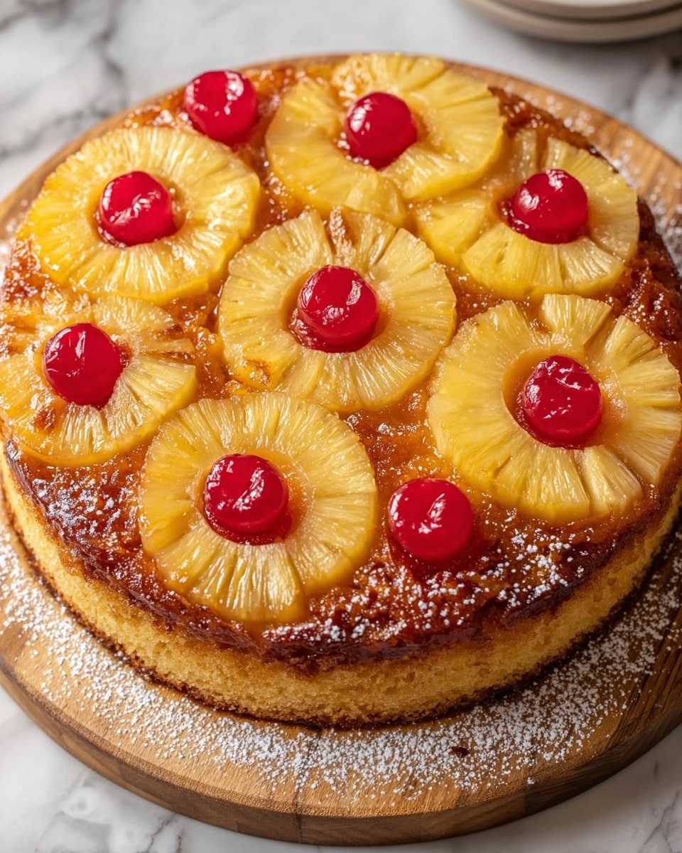 A round cake sits on a wooden board dusted with white powder. The cake has two main layers: a thick, light yellow base layer with a crumbly texture, and a glossy yellow top layer. On top, there are seven large, circular slices of grilled pineapple placed evenly, each with a bright red cherry in the center. More cherries are scattered around the edges of the cake between the pineapple slices. The cake and board rest on a white marbled surface. photo taken with an iphone --ar 4:5 --v 7