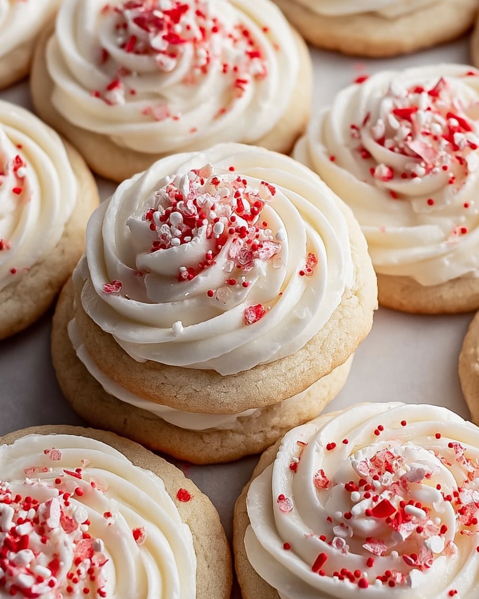 The image shows a close-up of soft, round sugar cookies arranged on a white marbled surface, each topped with a single thick layer of smooth, white frosting that is piped in a swirl pattern, and sprinkled with small, bright red and white crushed candy pieces scattered evenly over the frosting. The cookies have a light golden color with a slightly raised edge beneath the frosting, and many cookies are stacked or overlapping slightly, creating a cozy, full look. photo taken with an iphone --ar 4:5 --v 7