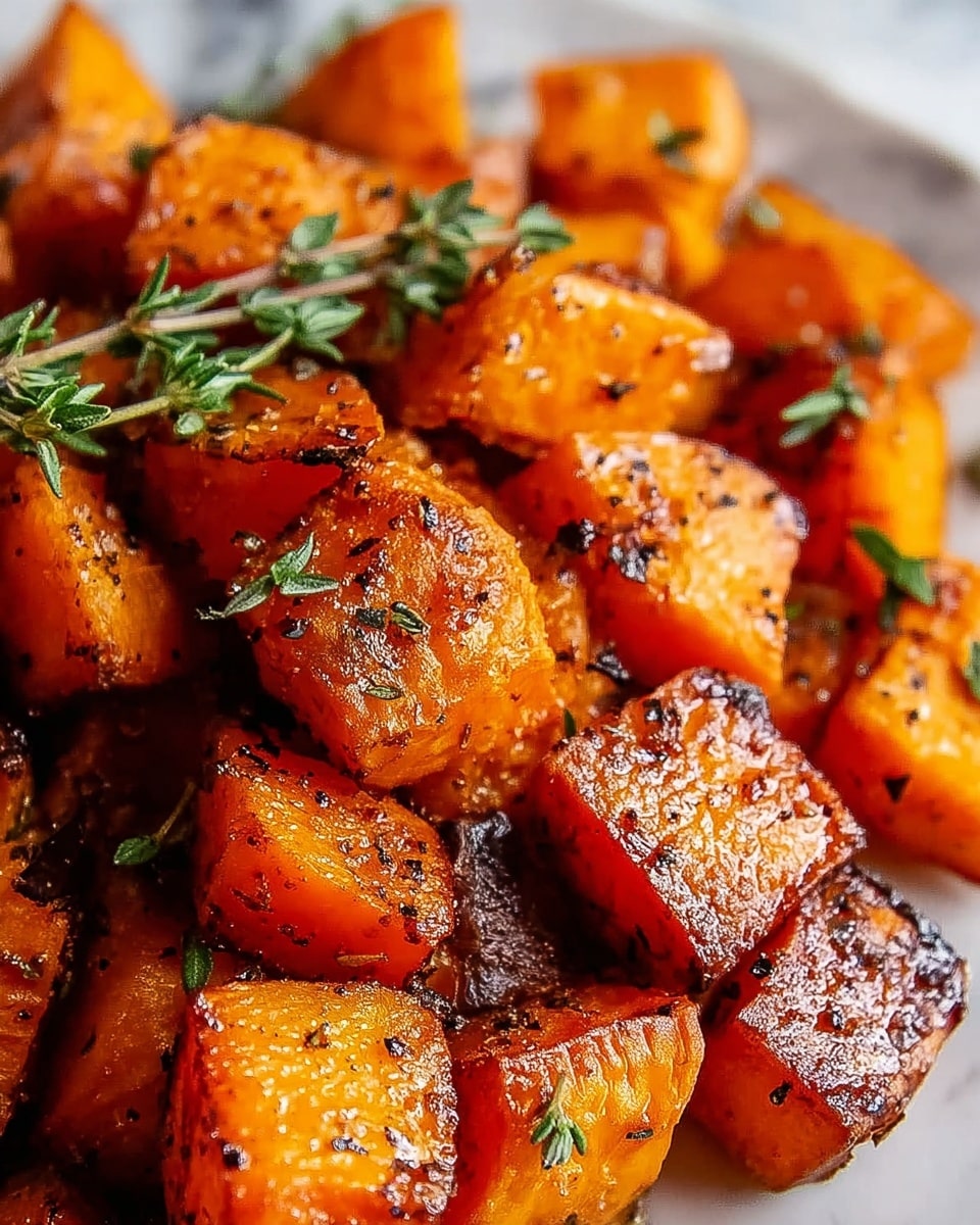A close-up view of roasted cubed butternut squash piled together, showing about two layers of bright orange pieces with some golden-brown caramelized edges and blackened grill marks. The surface of the squash looks slightly shiny with oil coating and small specks of black pepper and herbs scattered throughout. Fresh green thyme sprigs are mixed in among the roasted cubes, adding a touch of color contrast. The dish is presented in a white bowl, set on a white marbled textured surface. Photo taken with an iphone --ar 4:5 --v 7