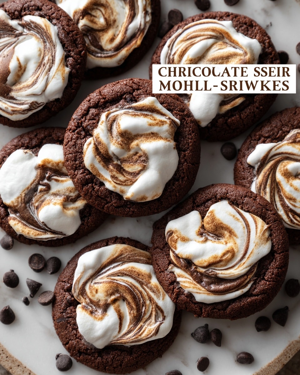 A tray of chocolate cookies with marshmallow swirls is shown, each cookie having a rich dark brown base with white marshmallow swirled on top creating a marbled effect. The marshmallow layer is glossy and soft, contrasting with the textured, slightly cracked chocolate dough beneath. A few chocolate chips are visible embedded in some cookies, adding small dark spots. The cookies vary slightly in size and shape, arranged close together on a white marbled textured tray with scattered chocolate chunks around for decoration. One cookie is partially eaten, showing a soft inside with the swirl pattern continuing through the layers. photo taken with an iphone --ar 4:5 --v 7