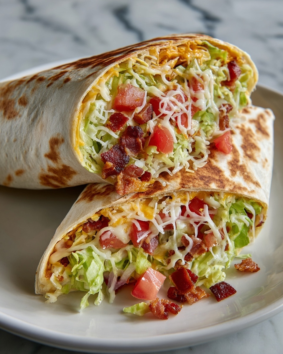 The image shows two halves of a wrap placed on a white plate, cut to reveal the inside layers. The outer layer is a light golden-brown tortilla with a soft texture and small browned grill marks. Inside, the first inner layer is fresh, light green lettuce with a crisp texture. Below the lettuce, bright red diced tomatoes add a juicy and slightly glossy look. Mixed in are small pieces of crispy, reddish-brown bacon providing a crunchy texture. Scattered throughout are thin strands of white shredded cheese that look soft and slightly melted. The wrap layers are tightly packed and the wrap is positioned on a white marbled surface. Photo taken with an iphone --ar 4:5 --v 7