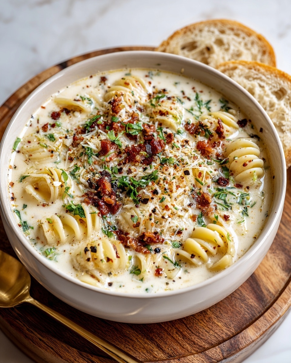 A white bowl filled with creamy soup containing spiral pasta, visible chunks of cooked bacon, and leafy green herbs mixed throughout. The soup has a rich, creamy yellowish-white color with a slightly thick texture. On top, a mound of grated cheese is sprinkled, adding a white and slightly stringy texture. There are small black pepper specks scattered over everything. The bowl rests on a wooden board with two toasted bread slices behind it, and a golden spoon is partially inside the bowl. The background surface is a white marbled texture. photo taken with an iphone --ar 4:5 --v 7