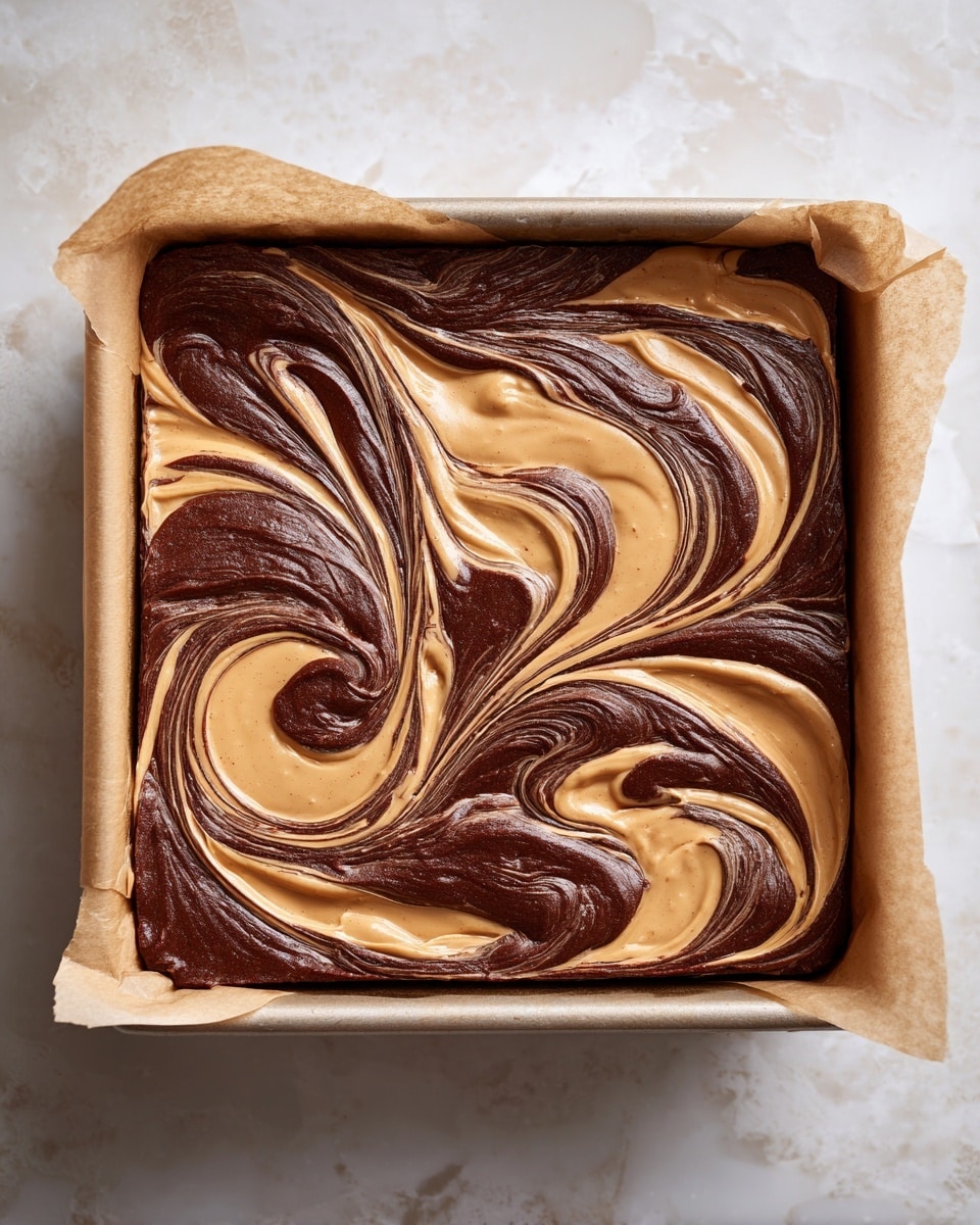 The image shows a square baking pan lined with parchment paper filled with a dessert batter that has two visible layers mixed in a swirl pattern. The bottom layer is rich dark brown, smooth and glossy chocolate batter, while the top layer is a creamy, smooth peanut butter batter in a warm light brown color. These two layers are gently swirled together, creating a beautiful modern wave pattern across the surface. The pan is set on a white marbled textured background. Photo taken with an iphone --ar 4:5 --v 7