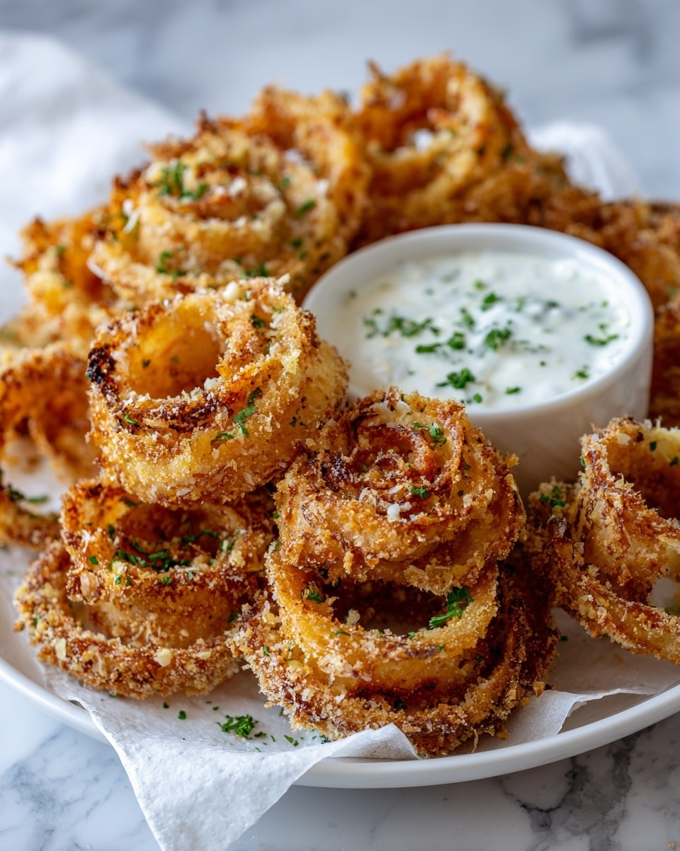 A white plate holds a stack of golden-brown fried onion rings shaped like roses, with many thin, crispy layers curling outward and topped with small pieces of green herbs. Next to the onion roses, there is a small, light beige bowl filled with creamy white dipping sauce speckled with green herb pieces. The onion roses have a crunchy texture and are arranged closely together on a white paper lining inside the plate. The whole plate is set on a surface with a white marbled texture. photo taken with an iphone --ar 4:5 --v 7