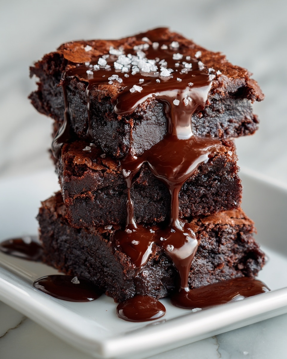 This image shows a stack of three thick, dark brown brownies placed on a white square plate. Each brownie has a dense and moist texture, with the top one slightly tilted. A rich, glossy chocolate sauce is pouring down from the top, covering the brownies and dripping onto the plate. Tiny white salt flakes are sprinkled on the top brownie, adding contrast. The background and surface are a white marbled texture. photo taken with an iphone --ar 4:5 --v 7