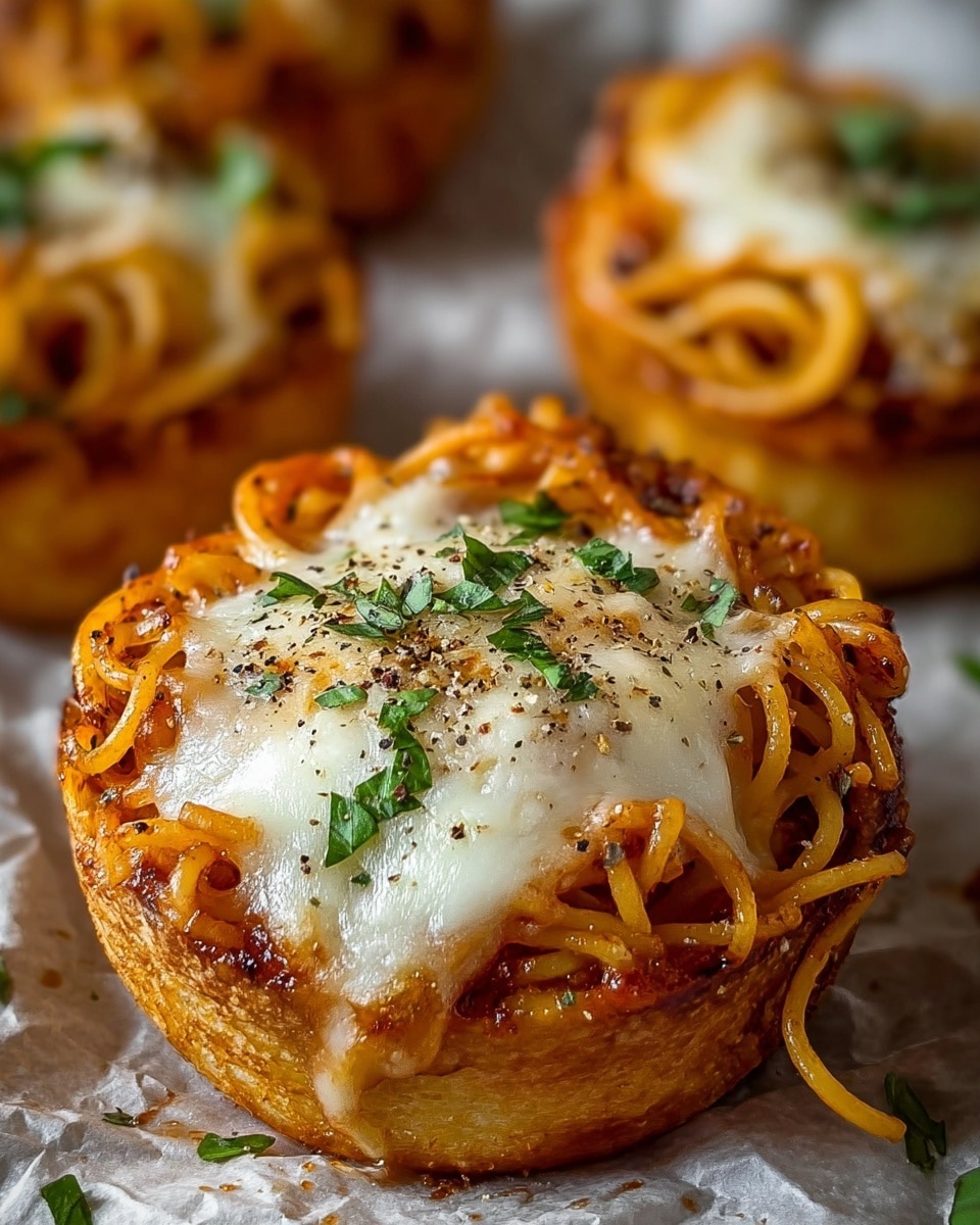 A close-up view of a small round baked pasta cup with three distinct layers: the bottom and sides are a golden-brown, slightly crispy bread shell; inside, a nest of orange spaghetti noodles filling the center; on top, a melted layer of white cheese browned in spots and sprinkled with small green herb pieces and a light dusting of grated cheese and black pepper. The pasta cups are set on crinkled parchment on a surface with a white marbled texture, with other similar cups softly blurred in the background. photo taken with an iphone --ar 4:5 --v 7