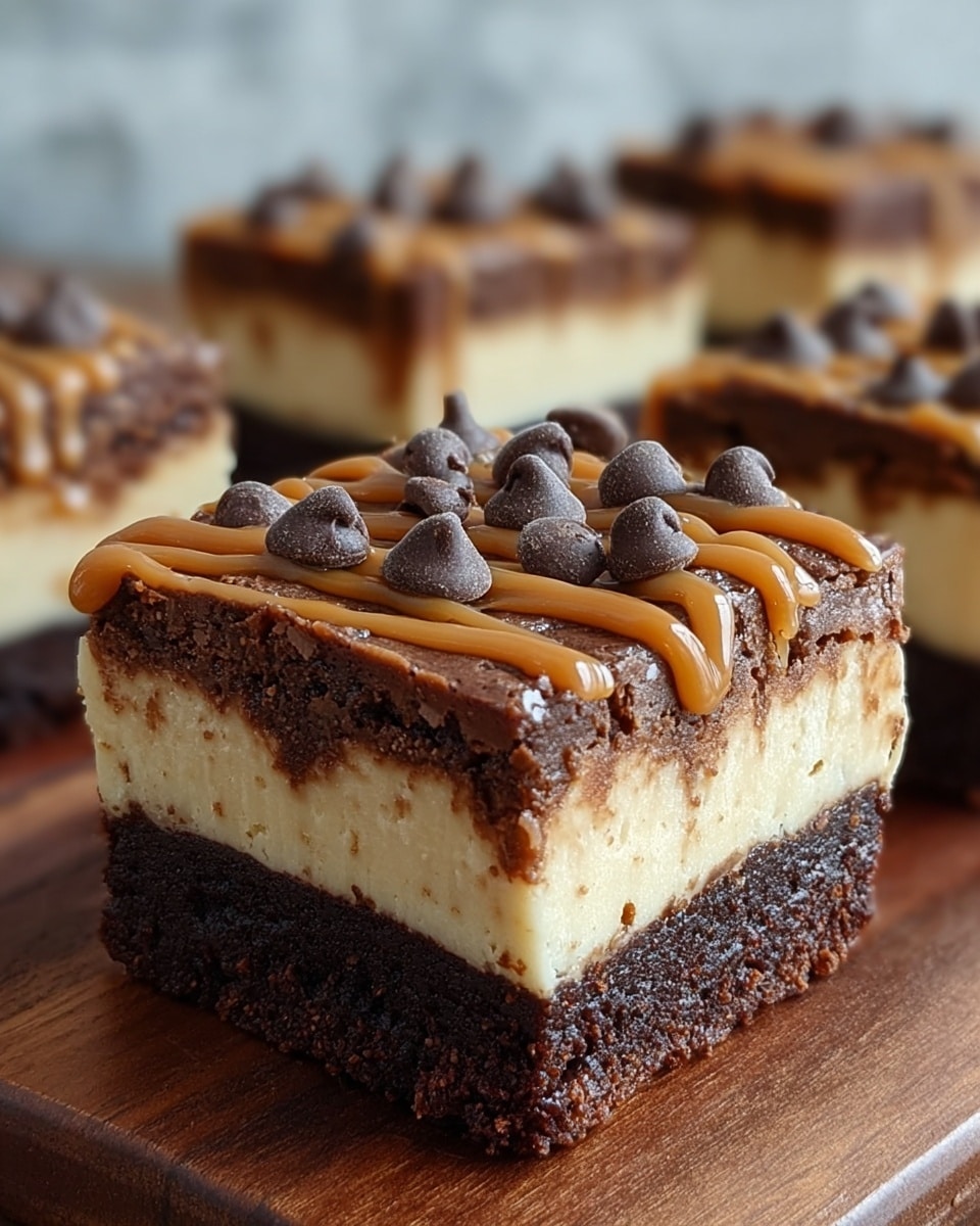 A close-up image of a square dessert bar with three distinct layers, placed on a wooden surface. The bottom layer is dark brown and dense, resembling a fudgy brownie with a slightly rough texture. The middle layer is creamy and light beige, smooth and thick, like a cheesecake filling. The top layer is a thin, cracked brownie crust with a rich chocolate color, drizzled with caramel sauce in thick lines, and topped with scattered dark chocolate chips. The background shows blurred similar dessert bars, set against a soft white marbled texture. Photo taken with an iphone --ar 4:5 --v 7