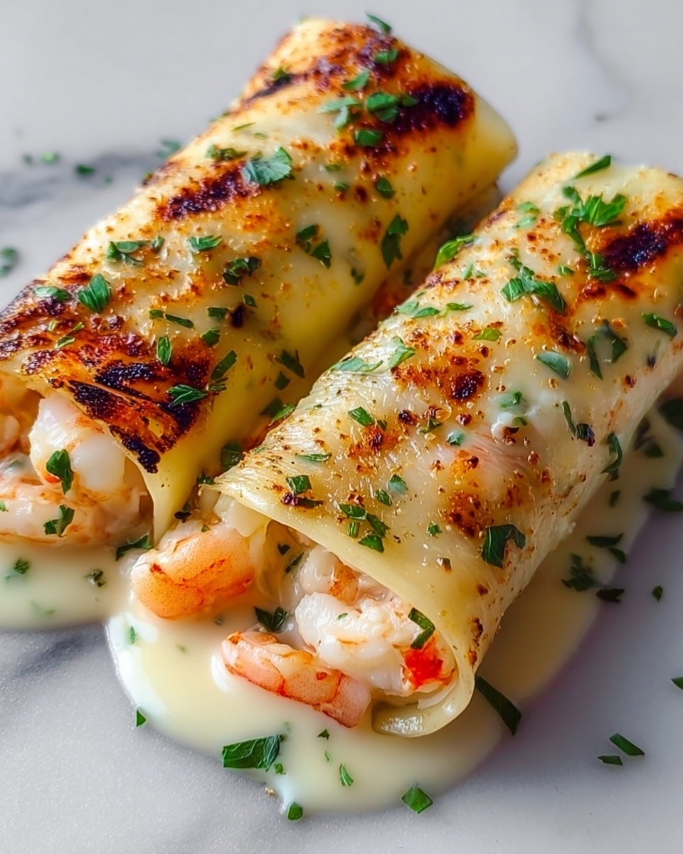 The image shows three close-up rolled pasta pieces with a creamy sauce and small bits of herbs on top. Each roll is filled with shrimp inside, the pasta has a light beige color with browned spots from cooking. The sauce around the rolls is creamy white with green herb pieces scattered over. The shrimp inside appears white with a slight pink tint, and the rolls are tightly wrapped, lying close together on a white marbled surface. photo taken with an iphone --ar 4:5 --v 7