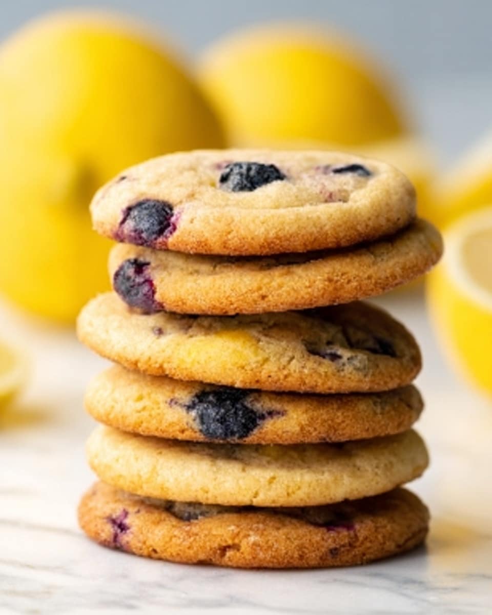 A stack of six round cookies with a slightly rough and crumbly texture, each cookie showing scattered blueberries inside and a golden-brown color. The cookies are piled one on top of the other, with some blueberries visible through cracks on the surface. In the blurred background, there are some whole lemons and blueberries placed on a white marbled surface. The lighting is soft and natural, highlighting the warm tones of the cookies. Photo taken with an iphone --ar 4:5 --v 7