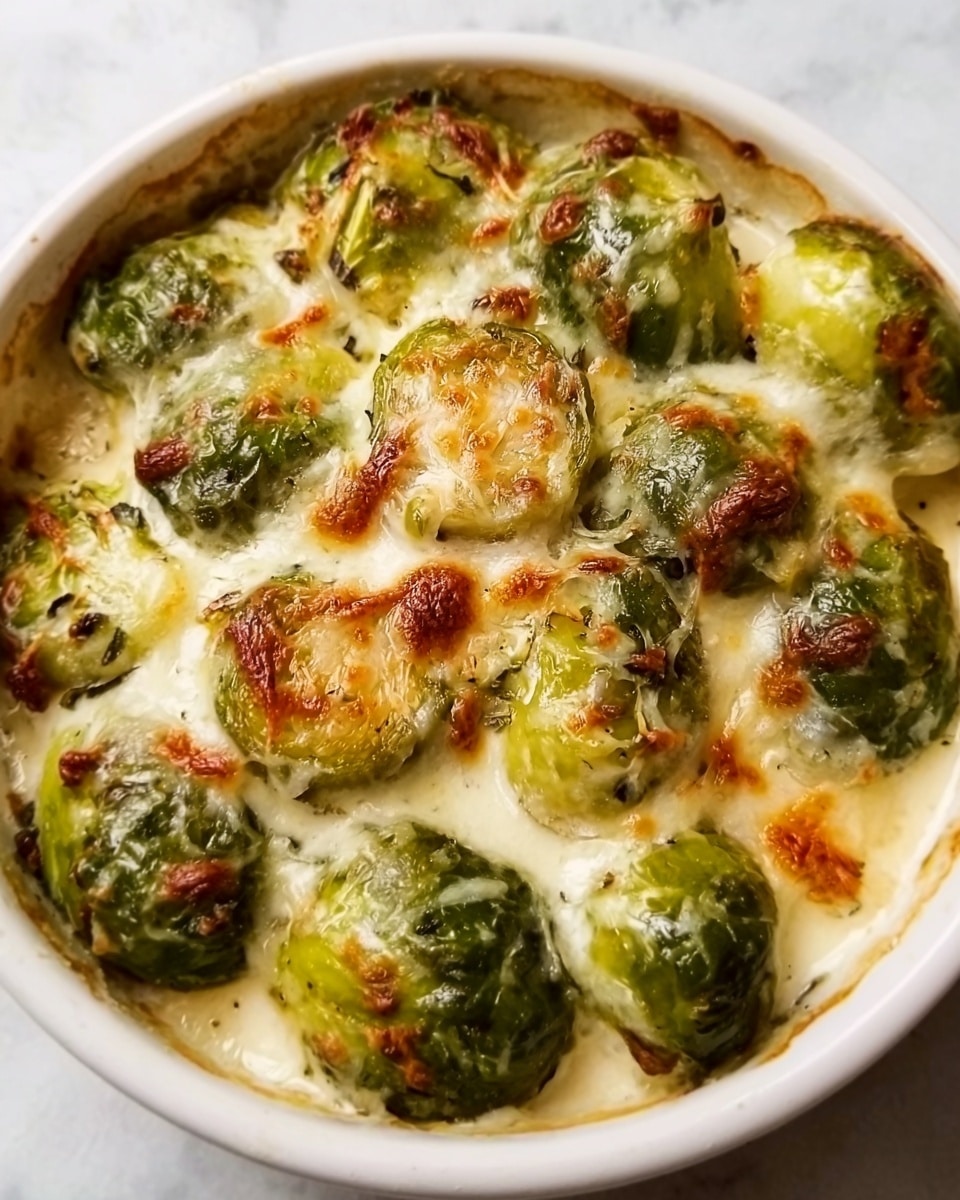 A white bowl filled with a creamy green and white dish, showing several cut Brussels sprouts with golden-brown toasted tops scattered throughout. The Brussels sprouts appear cooked and soft, with a rich, bubbly white cheese or sauce enveloping them. The texture on top is slightly crusty and browned, with some areas more melted and smooth. The background features a white marbled surface, and the bowl is viewed from above, focusing on the warm, comforting layers of the dish. Photo taken with an iphone --ar 4:5 --v 7
