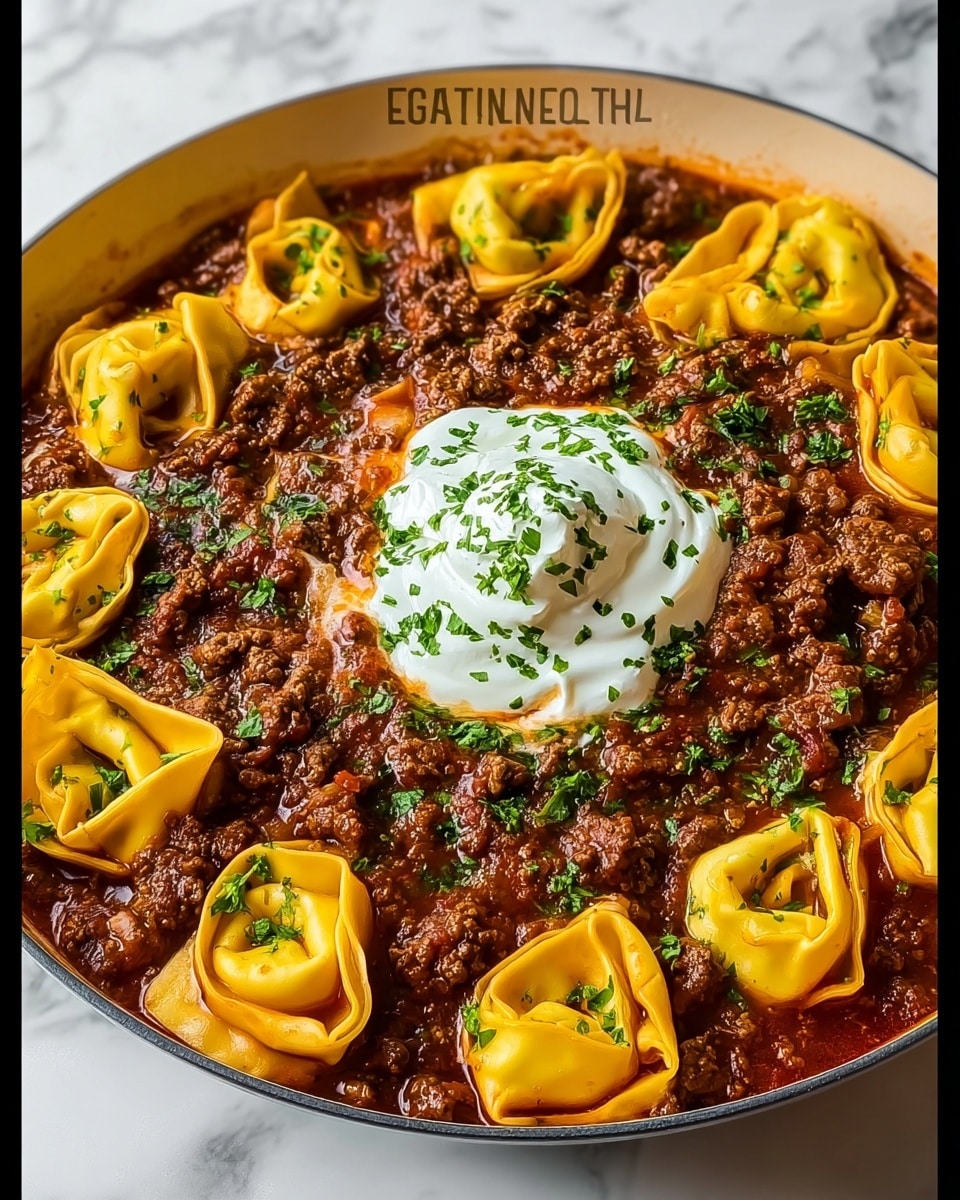 A white pan is filled with a rich, dark red beef enchilada sauce base, topped with evenly scattered yellow tortellini showing their soft, smooth, and slightly shiny texture. At the center, there is a dollop of creamy white sour cream sprinkled with green chopped herbs, adding a fresh look. The browned ground beef is mixed throughout the sauce, giving a chunky texture and dark brown color contrast against the sauce and pasta. More green herbs are sprinkled lightly over the entire dish, adding small hints of color on top. The dish looks hot, hearty, and well layered with three main layers: the sauce base, beef mixed into it, and tortellini on top, finished with sour cream and herbs in the middle. The background is a white marbled surface. Photo taken with an iphone --ar 4:5 --v 7
