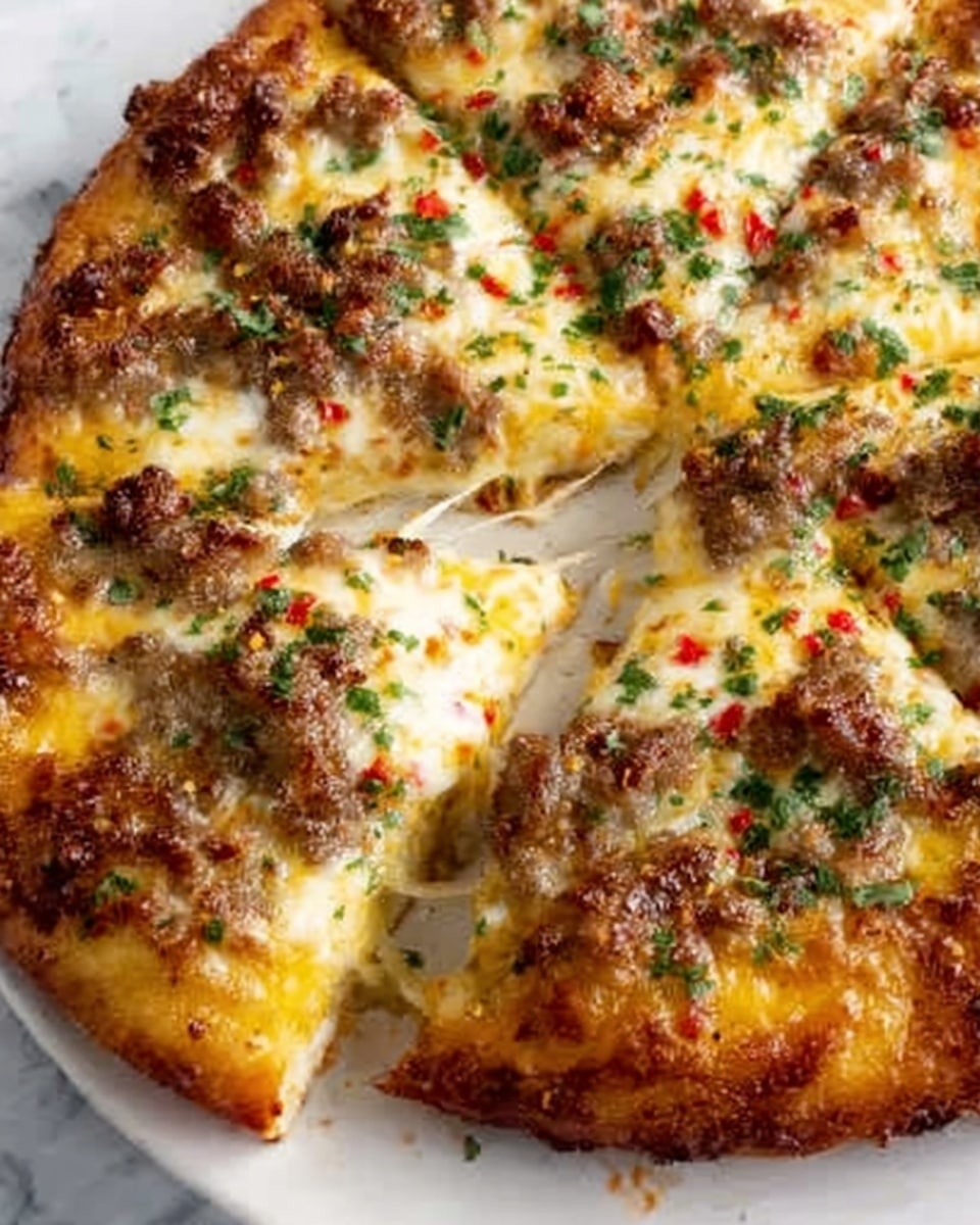 A close-up view of a cheesy pizza sliced into pieces, with a golden brown crust. The top layer is melted cheese bubbling with slight browning, sprinkled with small green herbs and tiny bits of red seasoning. Underneath the cheese, there is a visible layer of tomato sauce, slightly red and smooth. The crust looks thick and fluffy with a light toasted color. A woman's hand is pulling one slice away, stretching melted cheese between the slice and the rest of the pizza. The pizza is on a white plate that sits on a white marbled surface. photo taken with an iphone --ar 4:5 --v 7