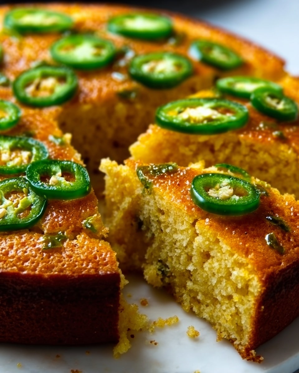 A round, thick cornbread cake with a golden brown top cut into slices sits on a dark tray against a white marbled surface. The cake has an even, moist yellow crumb inside with a slightly crispy crust on the outside. Green jalapeño slices are placed evenly on top, adding a fresh touch to the warm corn color. Small bits of green herbs are scattered over the surface, paired with the glossy, slightly oily shine on the top layer. The texture looks soft but firm enough to hold its shape. Photo taken with an iphone --ar 4:5 --v 7