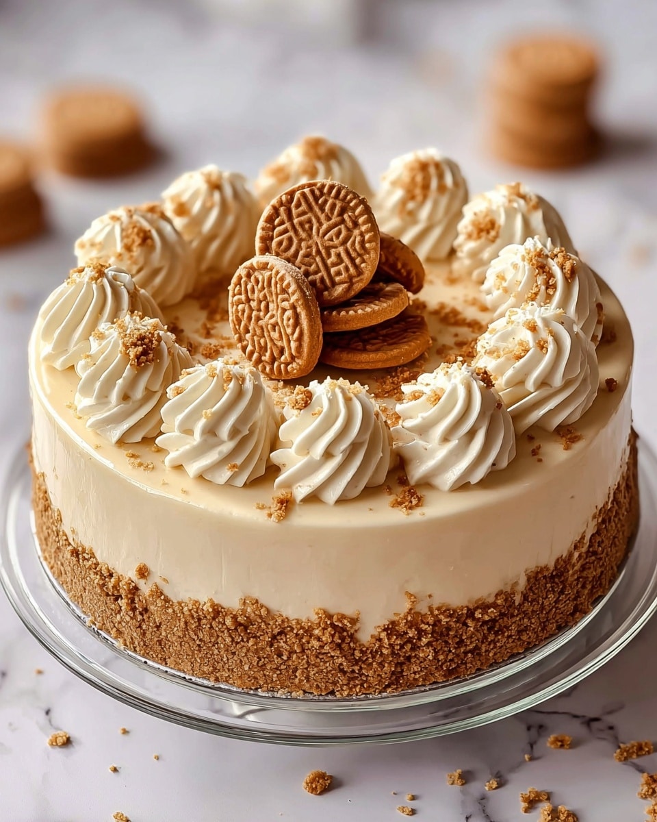 A round cake with one smooth, creamy beige layer, sitting on a crumbly light brown crust that covers the entire bottom and partly the sides. On top, there are eight evenly spaced swirls of light beige cream around the edge, each sprinkled with tiny bits of crumbs. In the center, there is a small stack of round brown cookies with a grid pattern and some text carved into them. The cake is placed on a clear cake board on a white marbled surface, with some cookie crumbs scattered around. Photo taken with an iphone --ar 4:5 --v 7