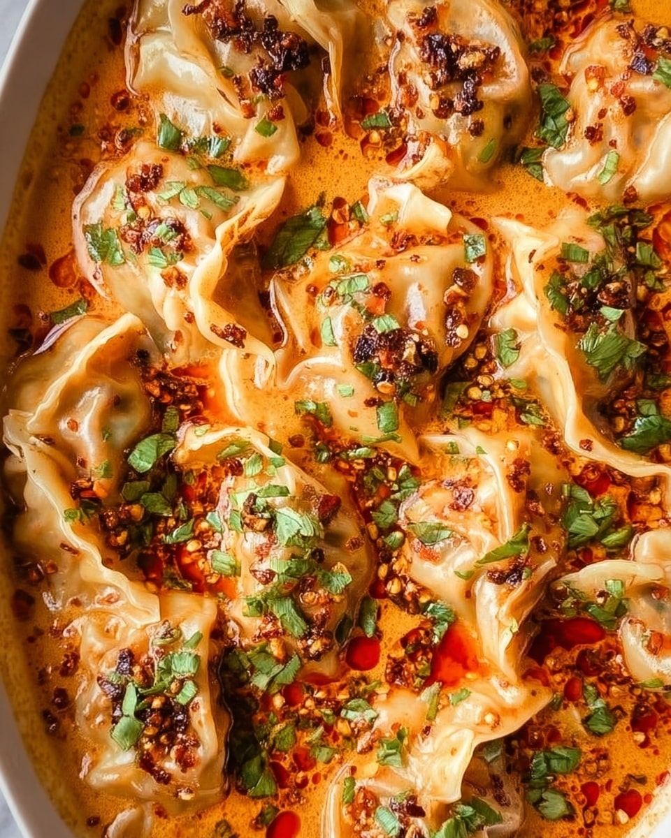 The image shows a close-up of several dumplings in a creamy orange sauce inside a white dish. Each dumpling has a slightly crinkled, light beige skin that contrasts with the rich sauce. On top of the dumplings, there are small, dark brown bits that look like toasted garlic or spices, adding texture and depth. Bright green fresh herbs are sprinkled over everything, adding color and freshness. The sauce has an oily sheen with small pools of red chili oil floating atop, creating a vibrant look. The background is a white marbled surface. Photo taken with an iphone --ar 4:5 --v 7