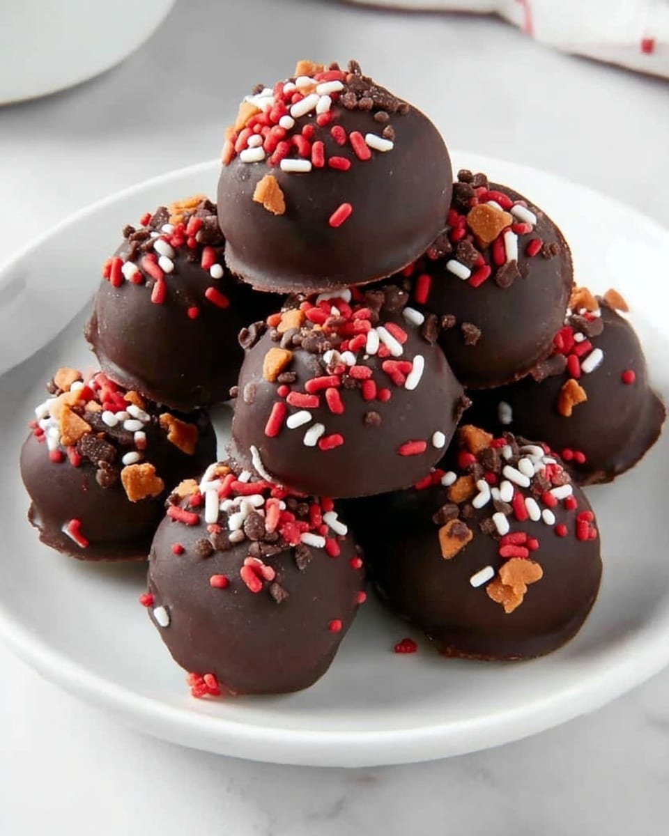 A small stack of round chocolate balls covered with smooth, dark chocolate is placed in the center of a white plate. Each chocolate ball is topped with colorful sprinkles in red, white, brown, and orange shaped like tiny rods and stars, scattered unevenly on the top surface. The dark chocolate coating has a few small drips and rough edges around the base of some balls, giving a handmade look. The white plate sits on a white marbled surface, creating a clean and simple background. photo taken with an iphone --ar 4:5 --v 7