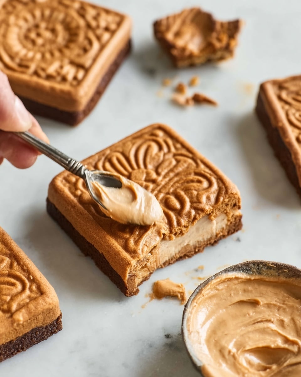 A close-up top view of a square slice of light brown cookie dough topped with a darker brown rectangular cookie, placed on a clean white marbled surface. Around the slice, there are other similar cookie slices and a small white bowl filled with smooth light brown spread, with a spoon inside. The colors show warm brown tones and soft textures, with slight crumbs visible on the dough edges. Photo taken with an iphone --ar 4:5 --v 7