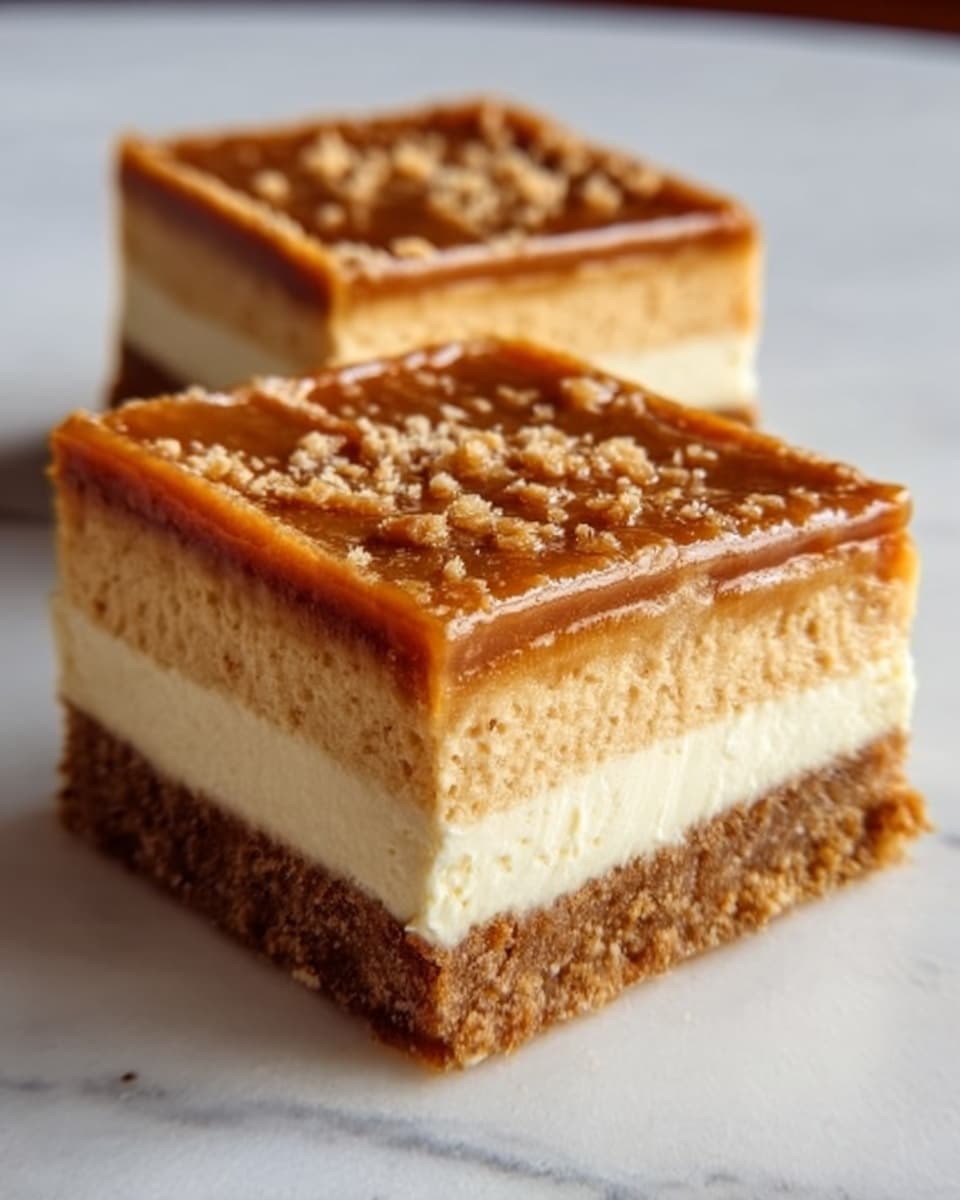 The image shows a close-up of a square dessert bar with three clear layers on a white plate. The bottom layer is a crumbly brown crust. The middle layer is thick and creamy white, smooth in texture. The top layer is a thin caramel-colored glaze, with a shiny finish and small crushed nuts sprinkled lightly across it. The edges of the bar are clean and sharp, showing the clear separation of each layer. The background has a white marbled texture, and the photo is taken with an iphone --ar 4:5 --v 7