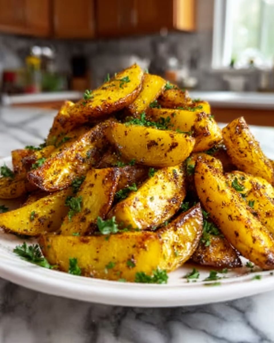 The image shows a white plate full of roasted potato wedges, golden-brown and slightly crispy on the edges, mixed with visible herbs and small green parsley pieces sprinkled on top. The potatoes have a rough texture with some seasoning visible, and they fill the plate in a loose pile. The background has a white marbled texture, and there is natural light coming from the side, highlighting the shiny, spiced surface of the potatoes. Photo taken with an iphone --ar 4:5 --v 7
