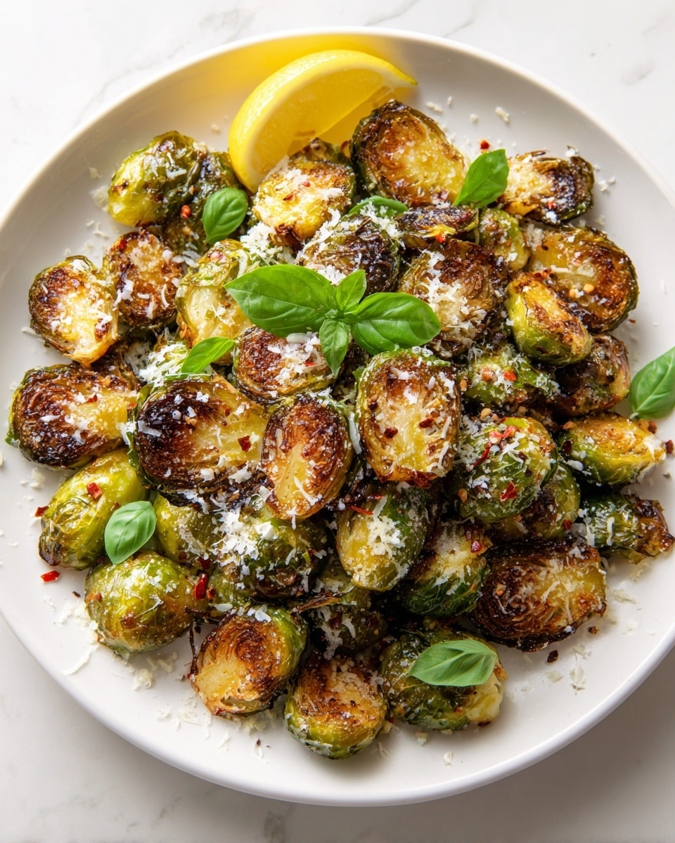 A white plate filled with crispy roasted Brussels sprouts cut in halves, showing golden-brown, slightly charred edges over bright green leaves. The Brussels sprouts are sprinkled generously with white grated Parmesan cheese and small red chili flakes, with tiny fresh green basil leaves scattered on top. A lemon wedge with a vibrant yellow color rests on the plate's edge. The plate sits on a white marbled surface, and the close-up shot highlights the crunchy texture and rich colors of the dish. photo taken with an iphone --ar 4:5 --v 7
