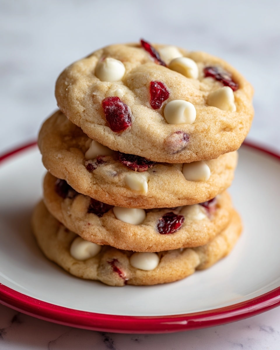 A stack of eight round cookies sits on a white plate with a red rim, each cookie thick with a golden brown color. The cookies show a soft, slightly crinkled texture on the surface, studded generously with white chocolate chips and dried cranberries. The white chocolate chips are creamy and smooth, contrasting with the deep red, slightly wrinkled dried cranberries that are evenly spread across each cookie. The cookies have a slightly uneven edge, giving a homemade look, and the plate rests on a white marbled surface. photo taken with an iphone --ar 4:5 --v 7
