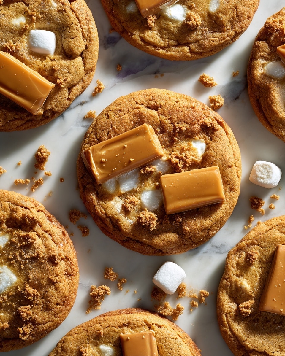 The image shows soft brown cookies with a slightly cracked surface, topped with white marshmallows and large chunks of light brown cookie pieces embedded on top. Each cookie has a round shape with a darker brown crumbly texture on the surface, and there are scattered crumbs around them on a white marbled texture. The cookies look warm and fresh, with a contrast between the soft marshmallows, crunchy cookie pieces, and the chewy cookie base. Photo taken with an iphone --ar 4:5 --v 7