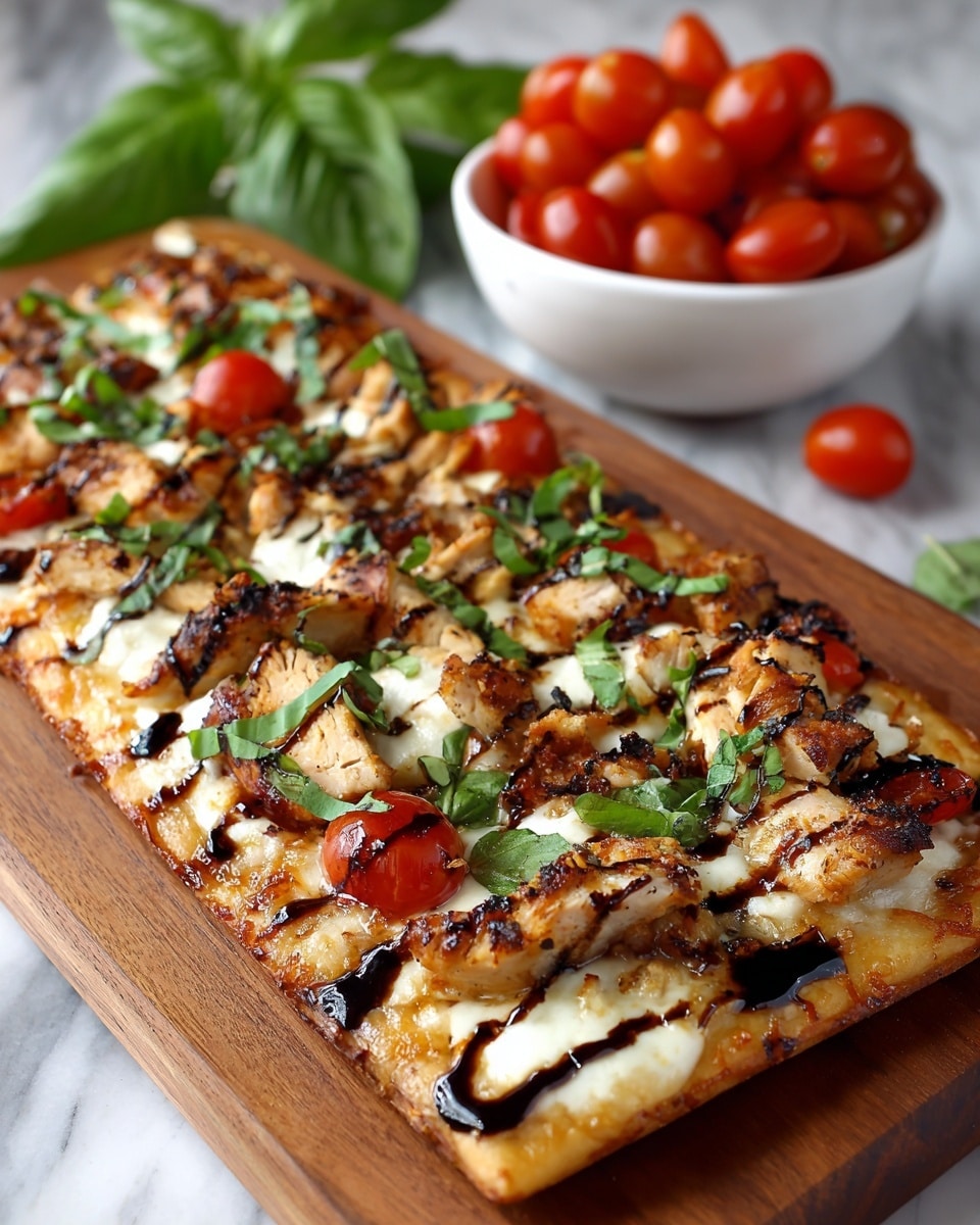 A rectangular flatbread pizza is served on a wooden board with a golden-brown crust forming the base layer. The next layer is melted white cheese that covers the crust fully. On top, there are grilled chicken pieces with a light brown, slightly charred texture spread evenly across the pizza. Bright red cherry tomato halves are scattered around, adding pops of color. Thin strips of fresh green basil are sprinkled over, and the whole pizza is finished with dark, shiny balsamic glaze drizzled over the toppings. In the background, blurred, is a white bowl filled with whole cherry tomatoes, all set on a white marbled surface. photo taken with an iphone --ar 4:5 --v 7