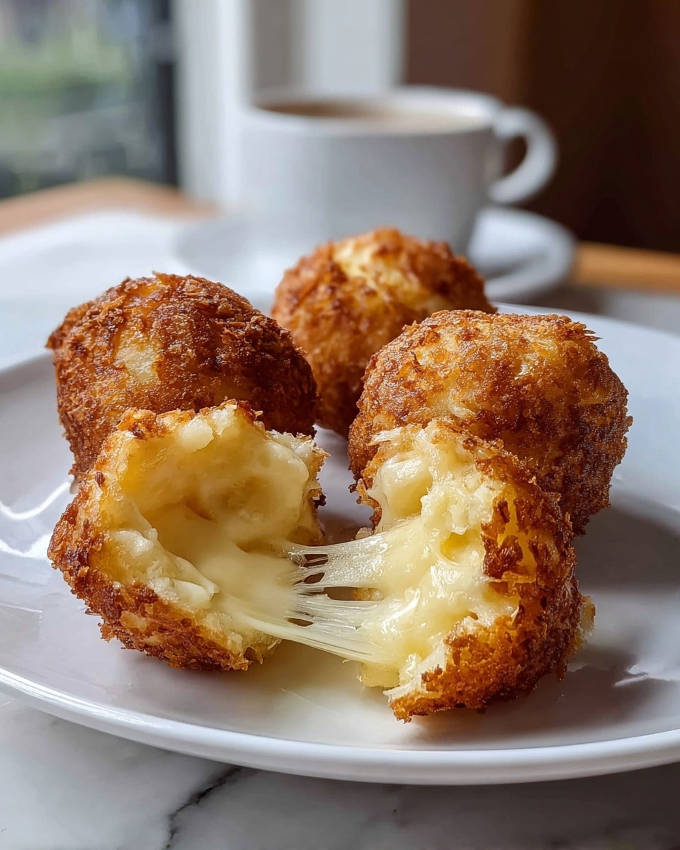 Four round, golden-brown fried cheese balls sit on a white plate with a smooth surface. The front cheese ball is split open, revealing a soft, light yellow inside with strings of melted white cheese stretching between the two halves. The crispy outer layer is textured and deep golden, while the inside looks creamy and gooey. The background shows a white marbled texture and a blurry white cup, adding a warm, cozy feel to the scene. photo taken with an iphone --ar 4:5 --v 7