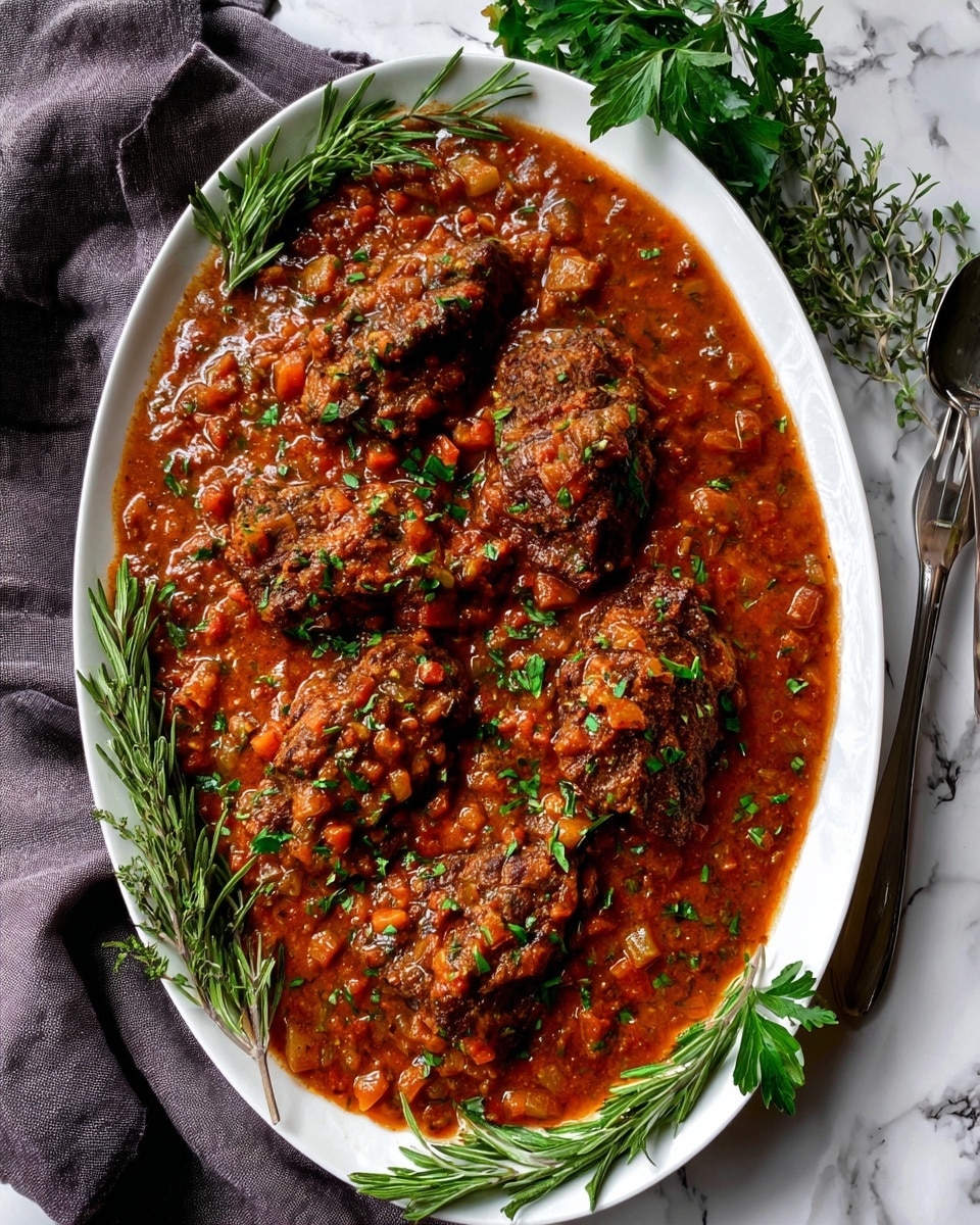In a white oval dish on a white marbled surface, there are several pieces of brown, cooked meat evenly spread out and partially submerged in a thick reddish-brown sauce with visible small chunks and texture. The meat is garnished with small pieces of fresh green herbs scattered on top. Around the dish, a black cloth and fresh green parsley are placed, along with two metal forks on the right side of the dish. Photo taken with an iphone --ar 4:5 --v 7