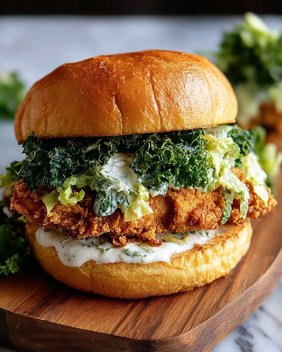 A close-up view of a sandwich with four main layers: the top layer is a soft, shiny, golden brown bun with a smooth texture; below it is a thick layer of fresh, green leafy lettuce mixed with creamy white dressing visible in small patches; next is a crispy, golden brown fried chicken patty with a crunchy texture; the bottom layer has a spread of creamy white sauce sitting on a soft, light brown bottom bun. The sandwich is placed on a wooden board with a white marbled surface background. photo taken with an iphone --ar 4:5 --v 7