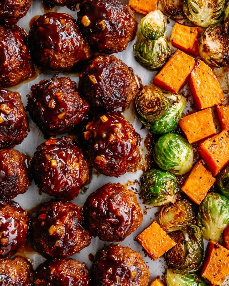 A close-up view of a baking tray covered with two main foods: on the left side, a single layer of shiny, brown meatballs coated in a thick, sticky sauce with small bits of onion or garlic visible on the surface; on the right side, roasted Brussels sprouts with a dark crispy outer layer mixed with orange cubes of roasted sweet potato, both showing slight browning and caramelized edges. The tray has a greyish baking paper lining, and the background is a white marbled texture. photo taken with an iphone --ar 4:5 --v 7